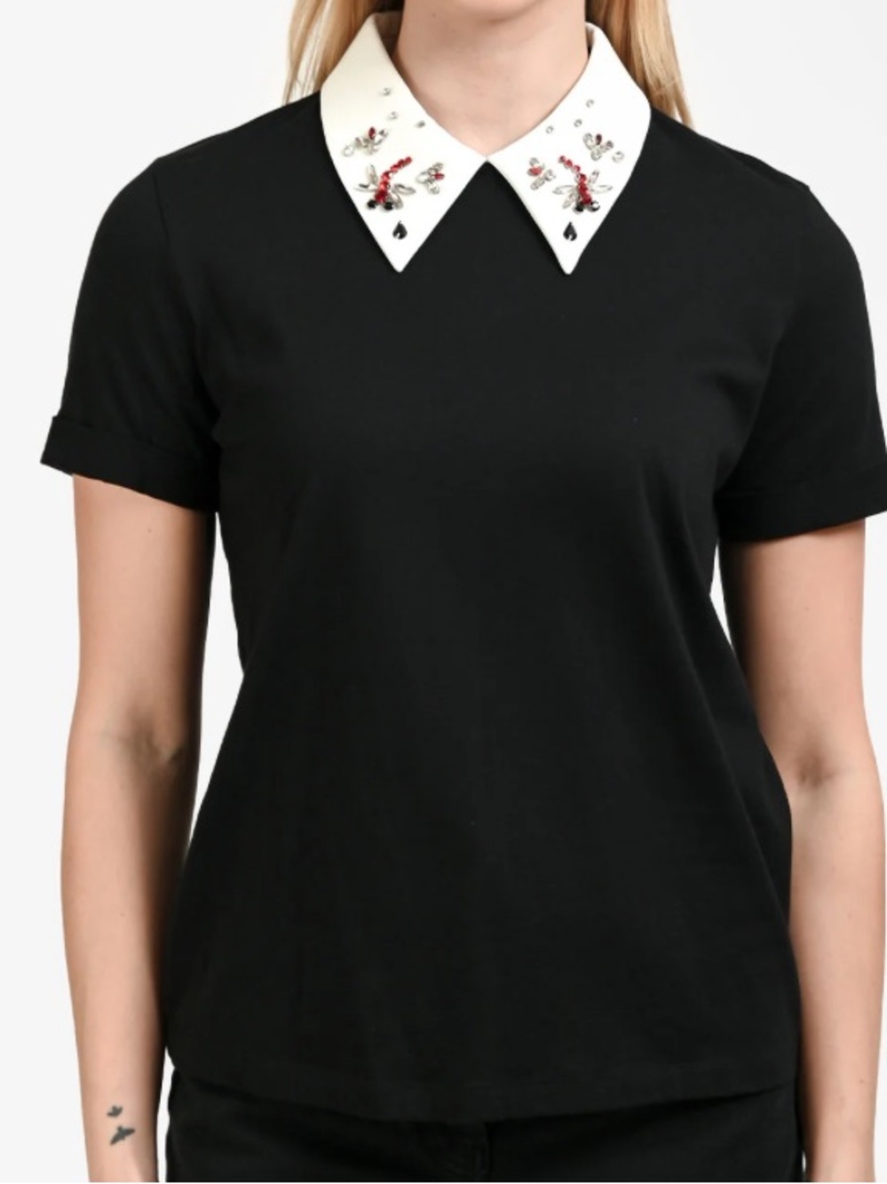 Maje black white dragonfly beaded collared short sleeve top size S
